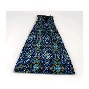 Chico's Sleeveless Empire Waist Maxi Jersey Knit Dress Women Multi Geo Print‎ LG